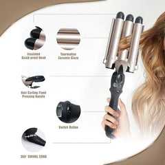 3-Barrel Ceramic Curling Wand – LCD Display, 14 Temp Settings for Perfect Waves & Curls Nawazia
