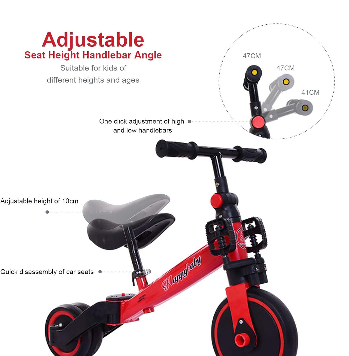 3-in-1 Kids Tricycle Toddler Bike | Adjustable Seat, Handlebar, & Removable Pedals | Red Nawazia