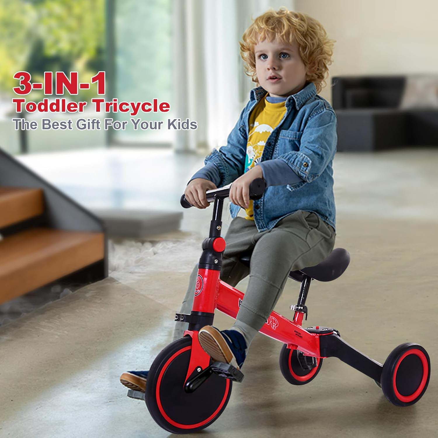 3-in-1 Kids Tricycle Toddler Bike | Adjustable Seat, Handlebar, & Removable Pedals | Red Nawazia