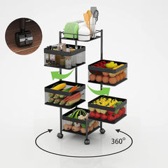 5-Layer Mobile Storage Rack | Rotatable Basket Organizer with Wheels | Elegant Black Finish | 92cm Nawazia