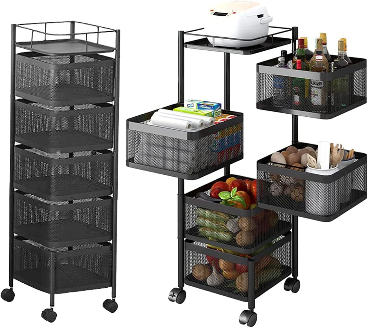 5-Layer Mobile Storage Rack | Rotatable Basket Organizer with Wheels | Elegant Black Finish | 92cm Nawazia