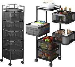 5-Layer Mobile Storage Rack | Rotatable Basket Organizer with Wheels | Elegant Black Finish | 92cm Nawazia