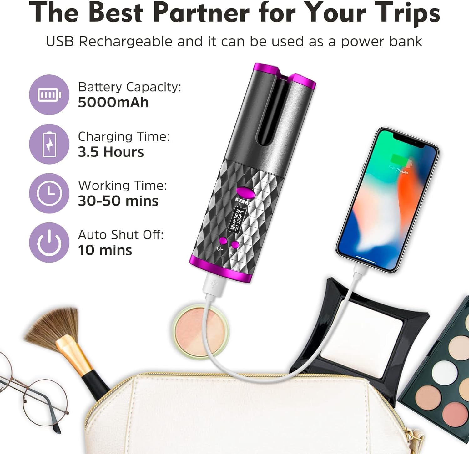 Cordless Hair Curler | Automatic Rotating Hair Curling Iron | Heatless Technology with 3 Temperature & Timer Settings Nawazia