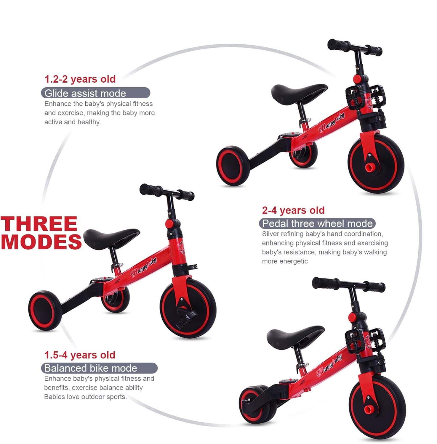 3-in-1 Kids Tricycle Toddler Bike | Adjustable Seat, Handlebar, & Removable Pedals | Red Nawazia