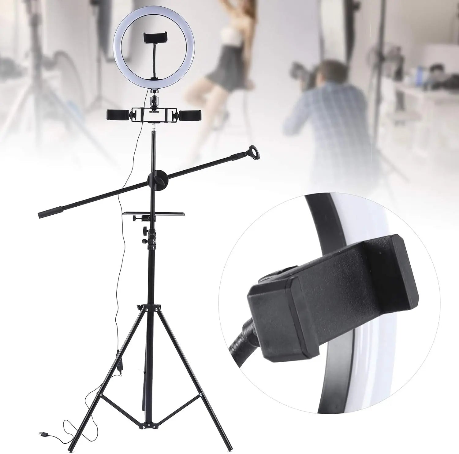 Ring Light Sound Card Tray with Live Microphone Stand | Adjustable Threaded Clamp Clip | Tripod Bracket Accessories with Mobile Phone Holder Nawazia