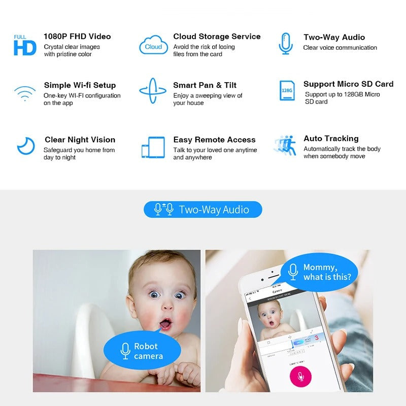 1080P Robot Camera | 360° WiFi Security Camera with Night Vision, Auto Tracking, and Baby Monitor Features Nawazia