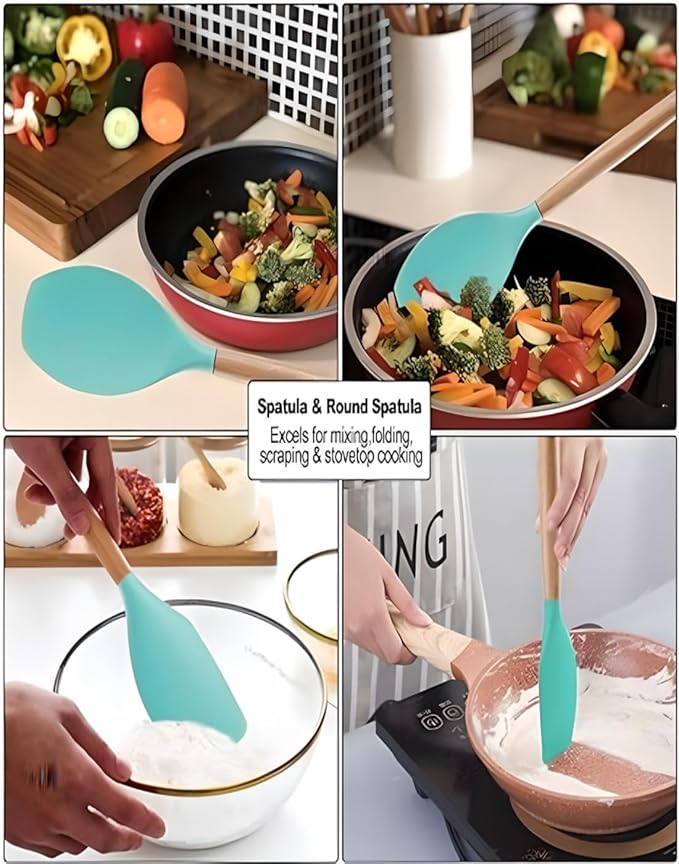 19-Piece Silicone Cooking Utensils & Knife Set | Includes Utensils, Knives, Scissors & Cutting Board with Block | Teal Nawazia