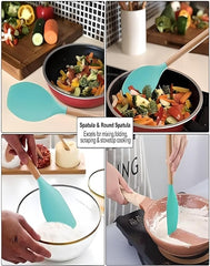 19-Piece Silicone Cooking Utensils & Knife Set | Includes Utensils, Knives, Scissors & Cutting Board with Block | Teal Nawazia