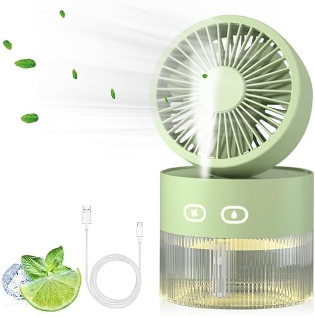 Two-in-One Desktop Spray Humidification Fan – USB Rechargeable Mini Mute Electric Fan with Adjustable Speeds, Humidifier, and Night Light (Multi) Nawazia