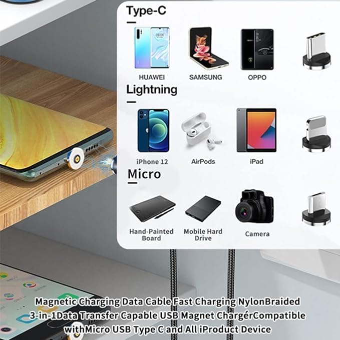 3-in-1 Magnetic Charging Cable | 3A Fast Charge | Micro USB, Type C & iProduct Compatible Nawazia