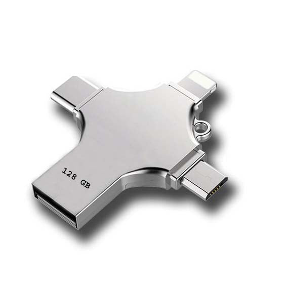 128GB 4-in-1 USB 3.0 Flash Drive | Fast USB A, USB C, Micro USB & iPhone Connector | Compatible with iPhone, Android, iPad, Mac, PC, Galaxy S, Windows Nawazia