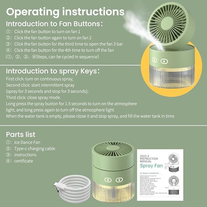 Two-in-One Desktop Spray Humidification Fan – USB Rechargeable Mini Mute Electric Fan with Adjustable Speeds, Humidifier, and Night Light (Multi) Nawazia
