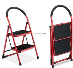 Compact 2-Step Mini Ladder | Folding Wrought Iron Red Stairs for Home Use