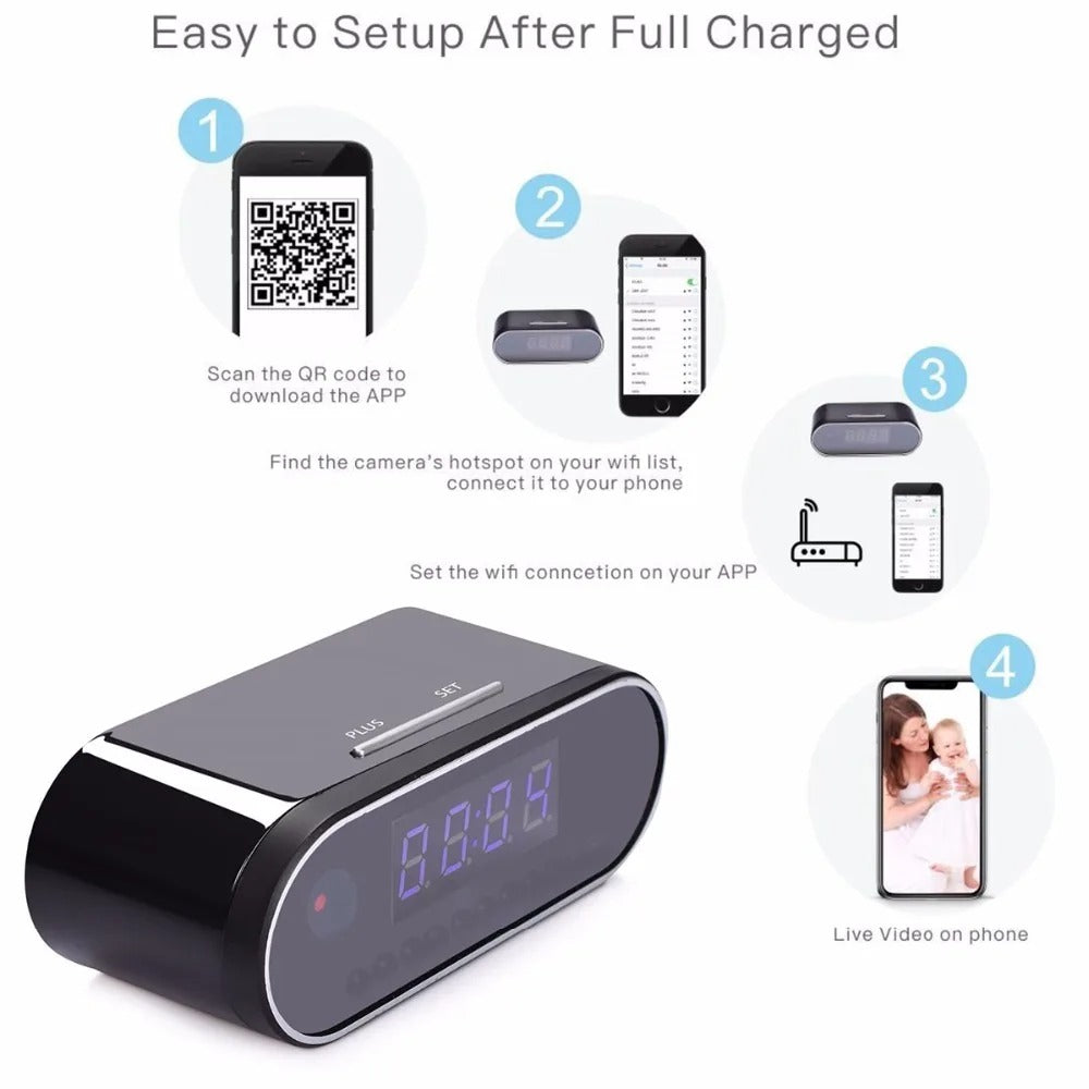 Wireless WiFi Table Clock – 1080P HD Mini Camera with Alarm, IR Night Vision, and Home Security DVR Nawazia