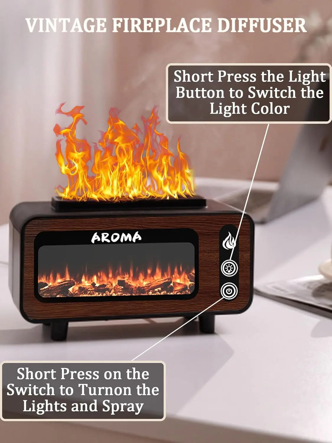 Wood Grain Fireplace Diffuser | Simulated Flame Aroma Diffuser with 7-Color LED | Silent Humidifier with Auto Shut-Off for Bedroom & Living Room Nawazia