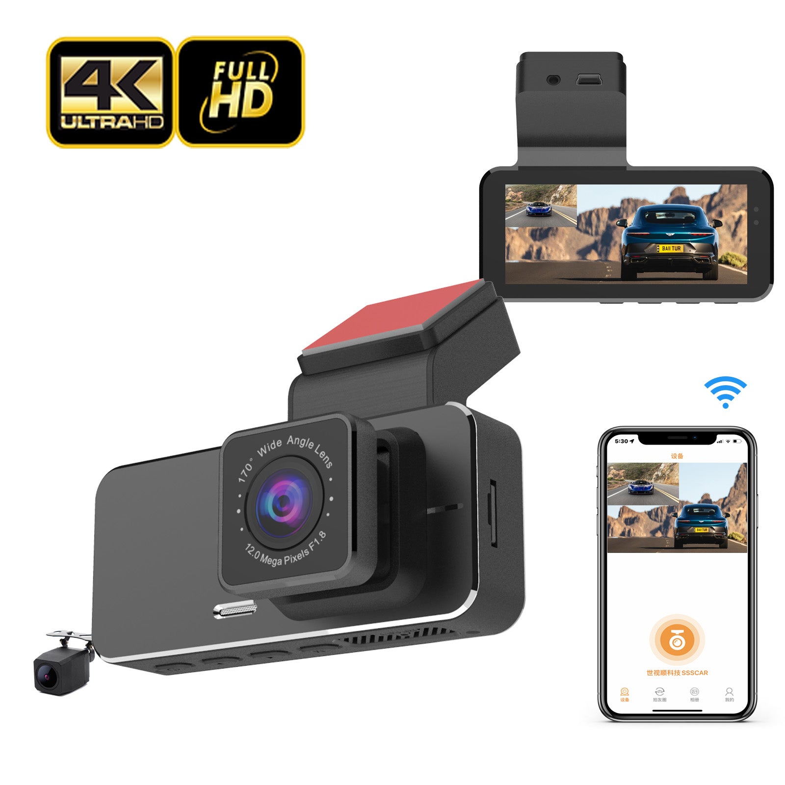 2K Dash Cam with WiFi, Front and Rear View for Car Protection

