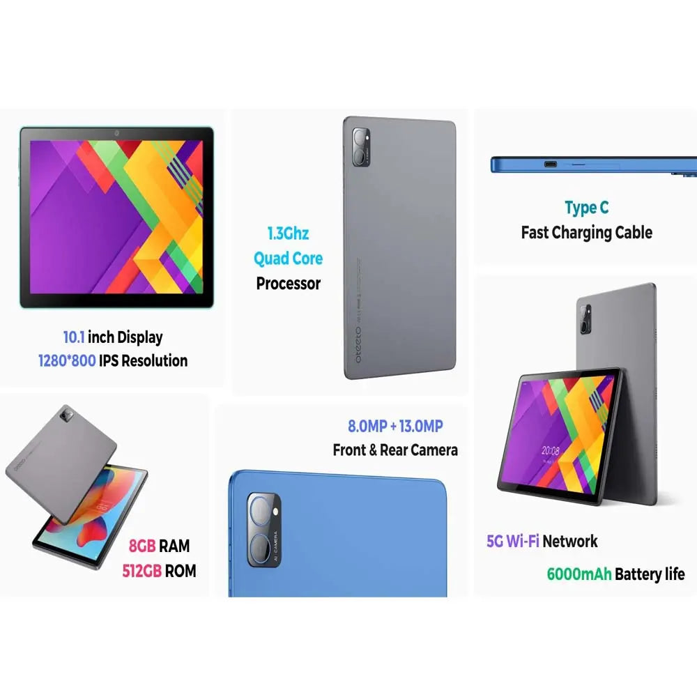 TAB11 PRO 10.1 Inch Android Tablet – 8GB RAM, 512GB ROM, Octa-Core Processor, 6000 mAh Battery, 5G Connectivity, Dual Camera, Sleek Blue Design Nawazia