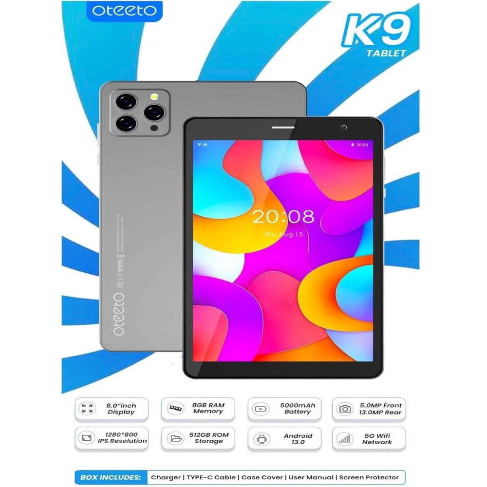 Oteeto K9 5G Android Tablet – 8.0" Display, 8GB RAM, 512GB ROM, 5000mAh Battery, Dual Cameras | Sleek Design for Work, Play, and Entertainment – Gray Nawazia