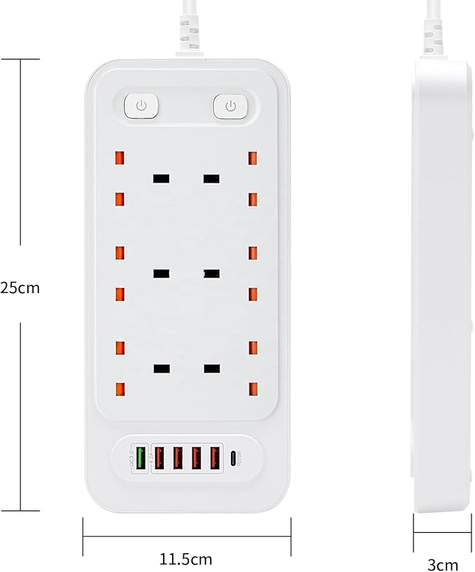 Universal 6-Way Power Outlet Strip with Fast Charging | US Plug (Black) Nawazia