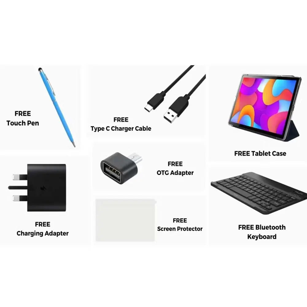 TAB 12 Pro 10.1 Inch Android Tablet – 8GB RAM, 512GB ROM, 5G Dual SIM, IPS LCD, Android 13, Includes Keyboard, Touch Pen, OTG, and Flip Case Nawazia