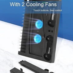 Vertical Stand Cooling Fan for PS5 – Dual Controller Charger with Game Disc Storage, Space-Saving Design, and Efficient Cooling System