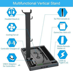 Vertical Stand Cooling Fan for PS5 – Dual Controller Charger with Game Disc Storage, Space-Saving Design, and Efficient Cooling System