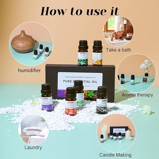 6-Pack Essential Oils Set | 10mL Water Soluble Aromatherapy Oils for Diffusers & Humidifiers