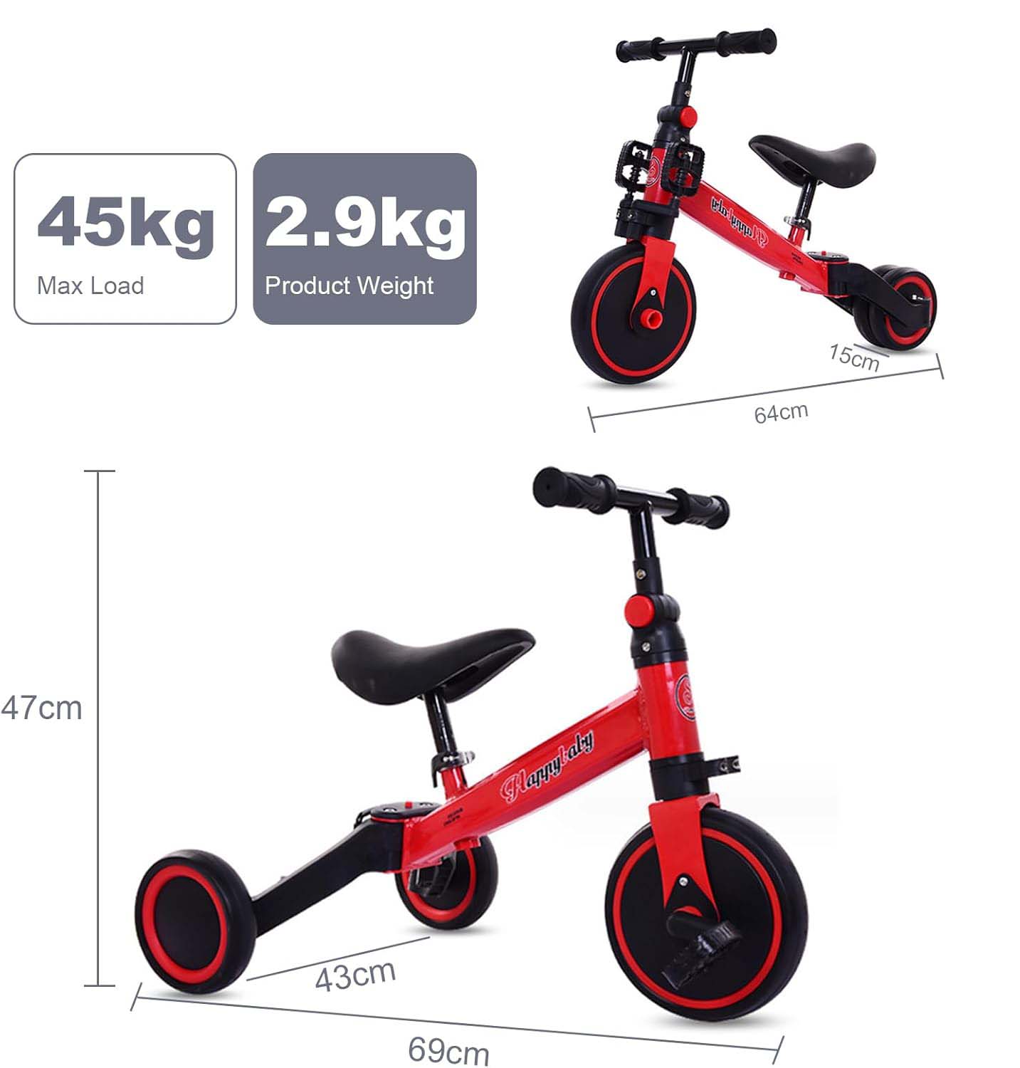 3-in-1 Kids Tricycle Toddler Bike | Adjustable Seat, Handlebar, & Removable Pedals | Red Nawazia