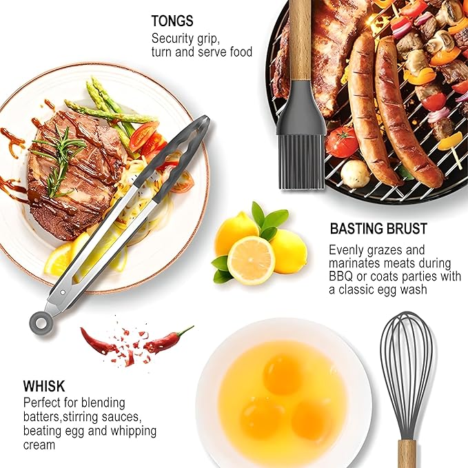 19-Piece Silicone Cooking Utensils & Knife Set | Black Kitchen Tools with Knives, Cutting Board, & Storage Block Nawazia