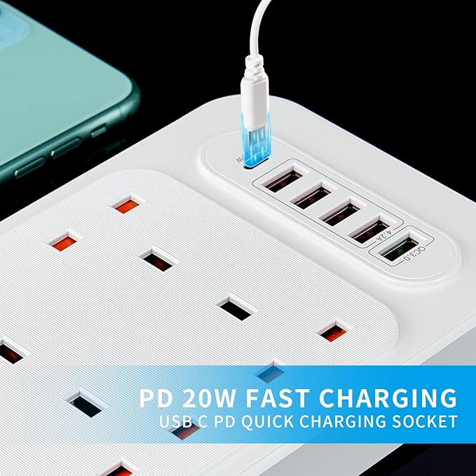 Universal 6-Way Power Outlet Strip with Fast Charging | US Plug (Black) Nawazia