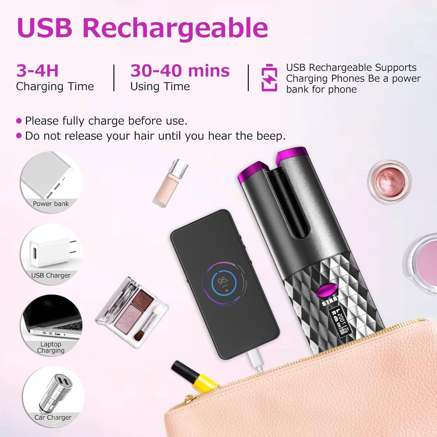 Cordless Hair Curler | Automatic Rotating Hair Curling Iron | Heatless Technology with 3 Temperature & Timer Settings Nawazia