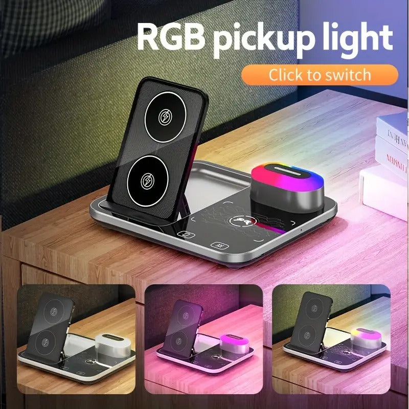 R12 Desktop Wireless Charger – 4-in-1 RGB Light Charging Station with Automatic Lifting Nawazia
