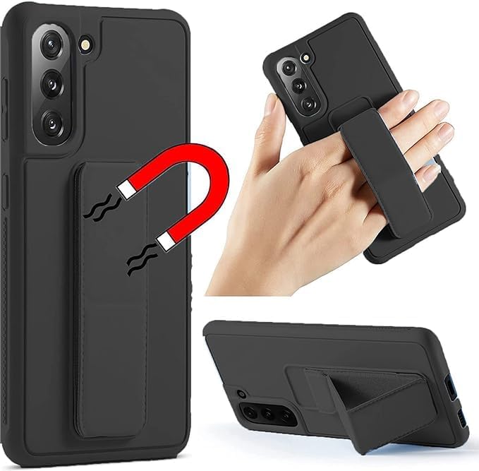 Slim Protective Case for Samsung Galaxy S21-S24 Plus | Leather Hand Strap & Kickstand | Black Nawazia