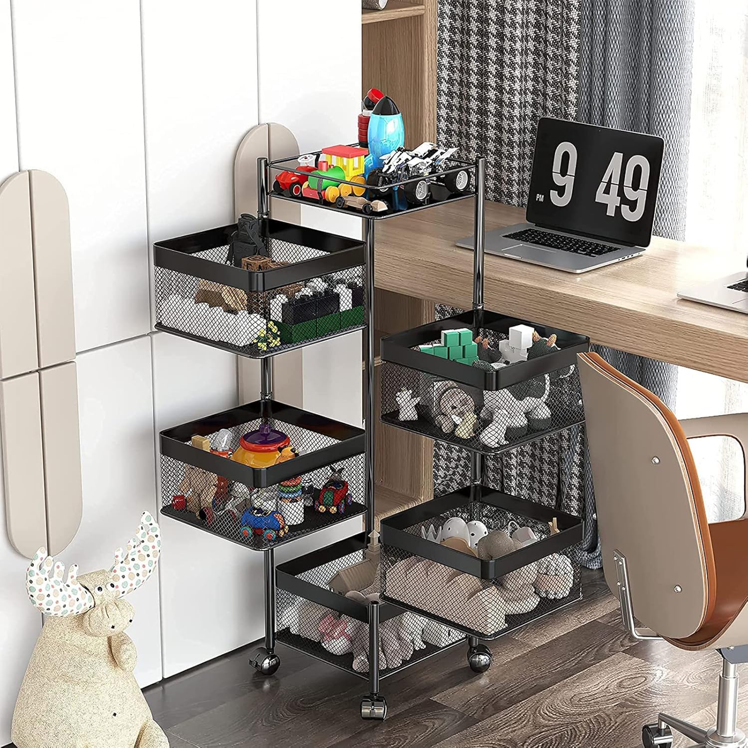 5-Layer Mobile Storage Rack | Rotatable Basket Organizer with Wheels | Elegant Black Finish | 92cm Nawazia