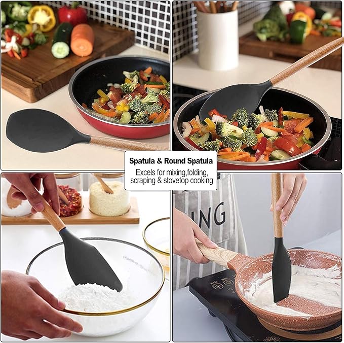 19-Piece Silicone Cooking Utensils & Knife Set | Black Kitchen Tools with Knives, Cutting Board, & Storage Block Nawazia