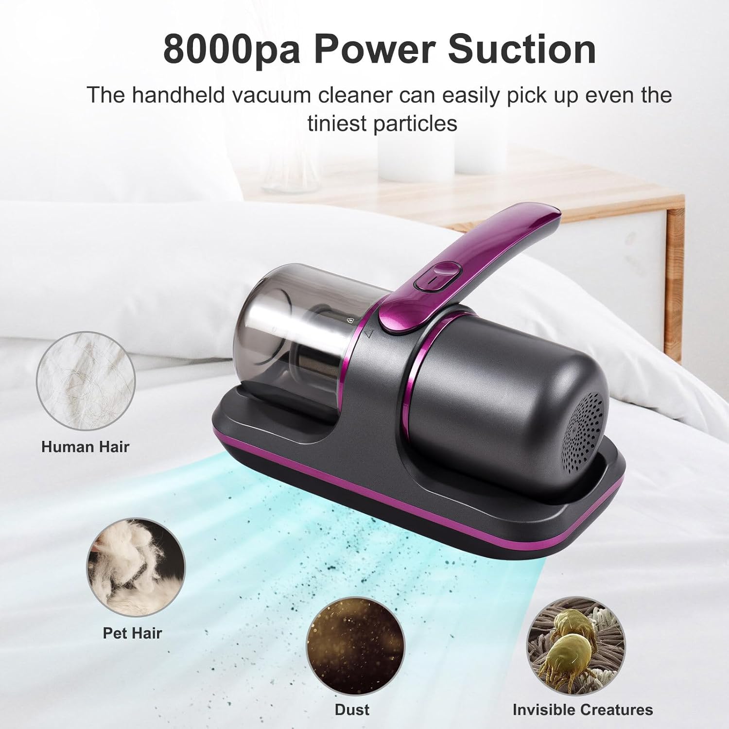 100W Cordless Mattress Vacuum - UV Bed Cleaner, 8000Pa Suction, 2 Speeds, 250ml Dust Cup for Bedding and Clothes Cleaning Nawazia