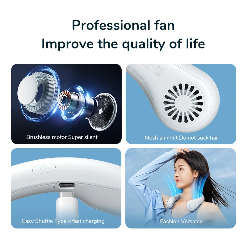 Compact Hands-Free Neck Fan with Rechargeable Battery and Bladeless Design