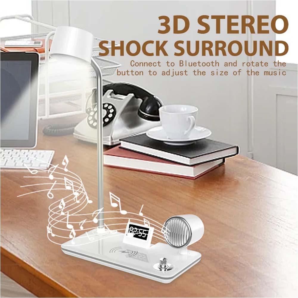 Desk Lamp with Wireless Charger, Bluetooth Speaker, Clock & Night Light