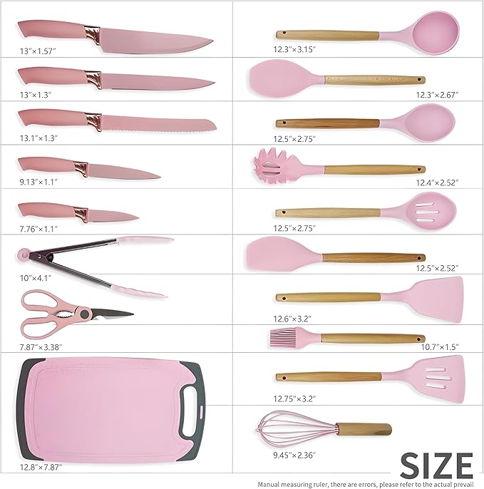 Includes Utensils, Knives, Cutting Board & Block | Stylish Pink Design