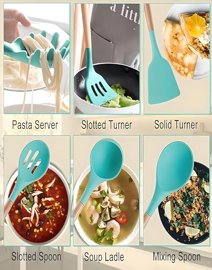 Silicon Utensils Pasta Server, Slotted Tuner, Solid Turner Slotted Spoon Soup ladle, Mixing Spoon