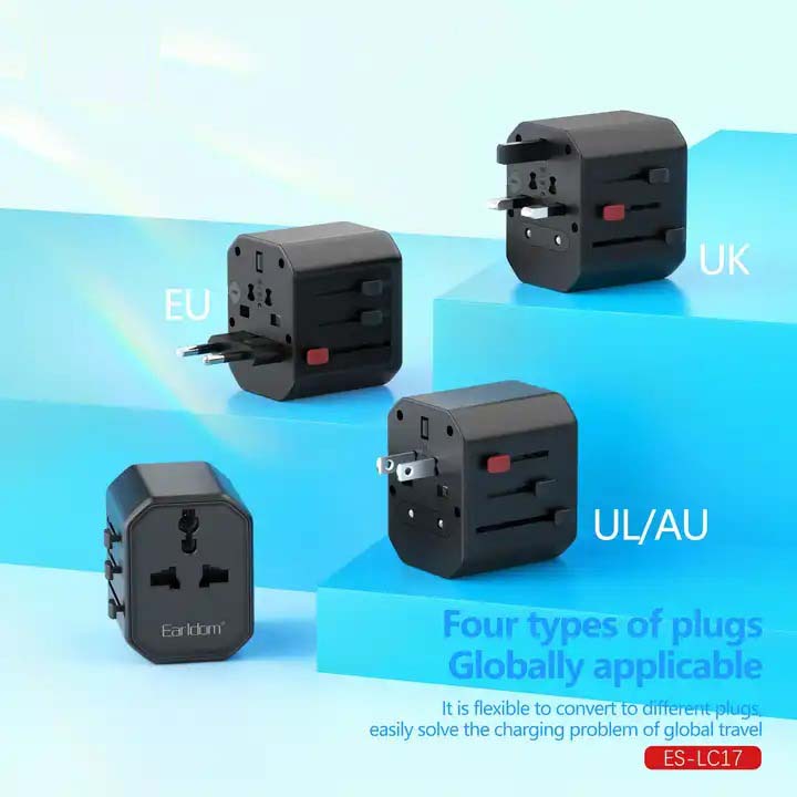 Universal Travel Adapter - All-in-One International Power Adapter with UK/US/AUS/EU Plugs & 4 USB Ports | Compact, Foldable, and Multi-Device Charging Solution