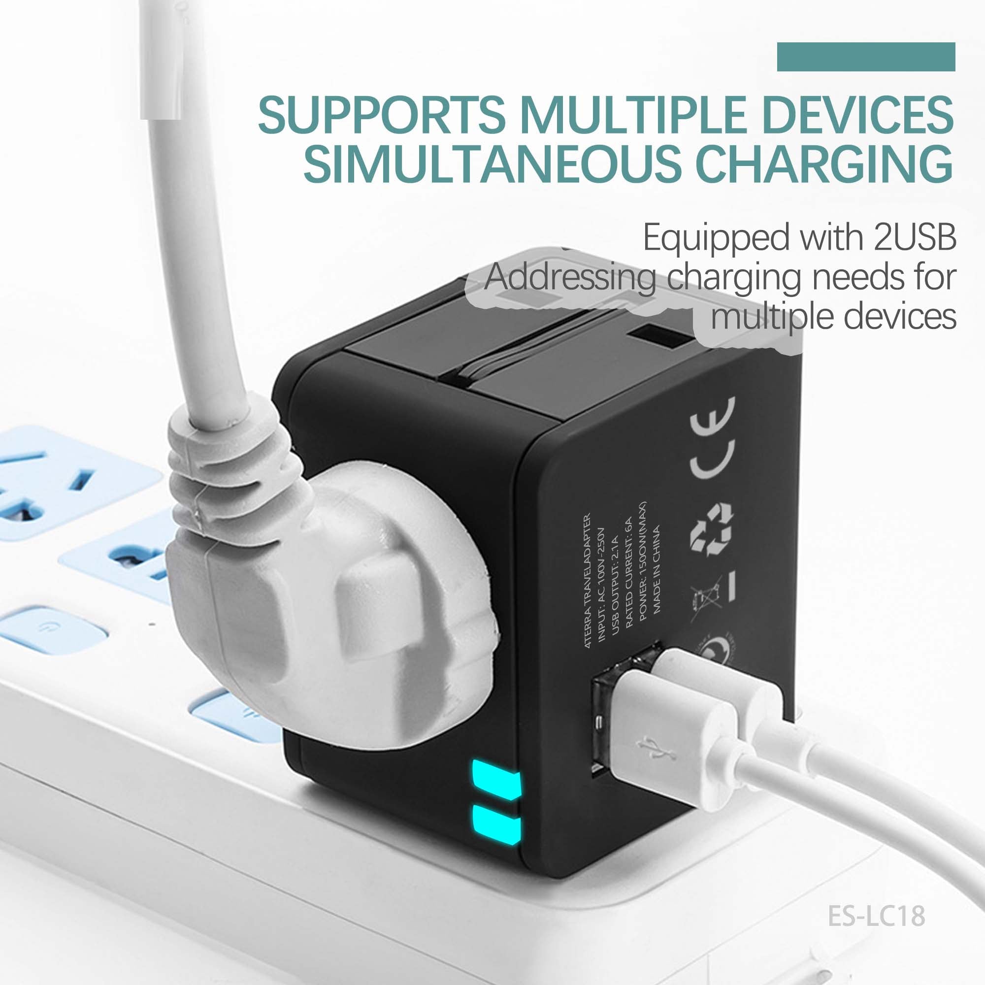 Universal Travel Adapter - Worldwide Mobile Charger with USB & Type-C Ports 