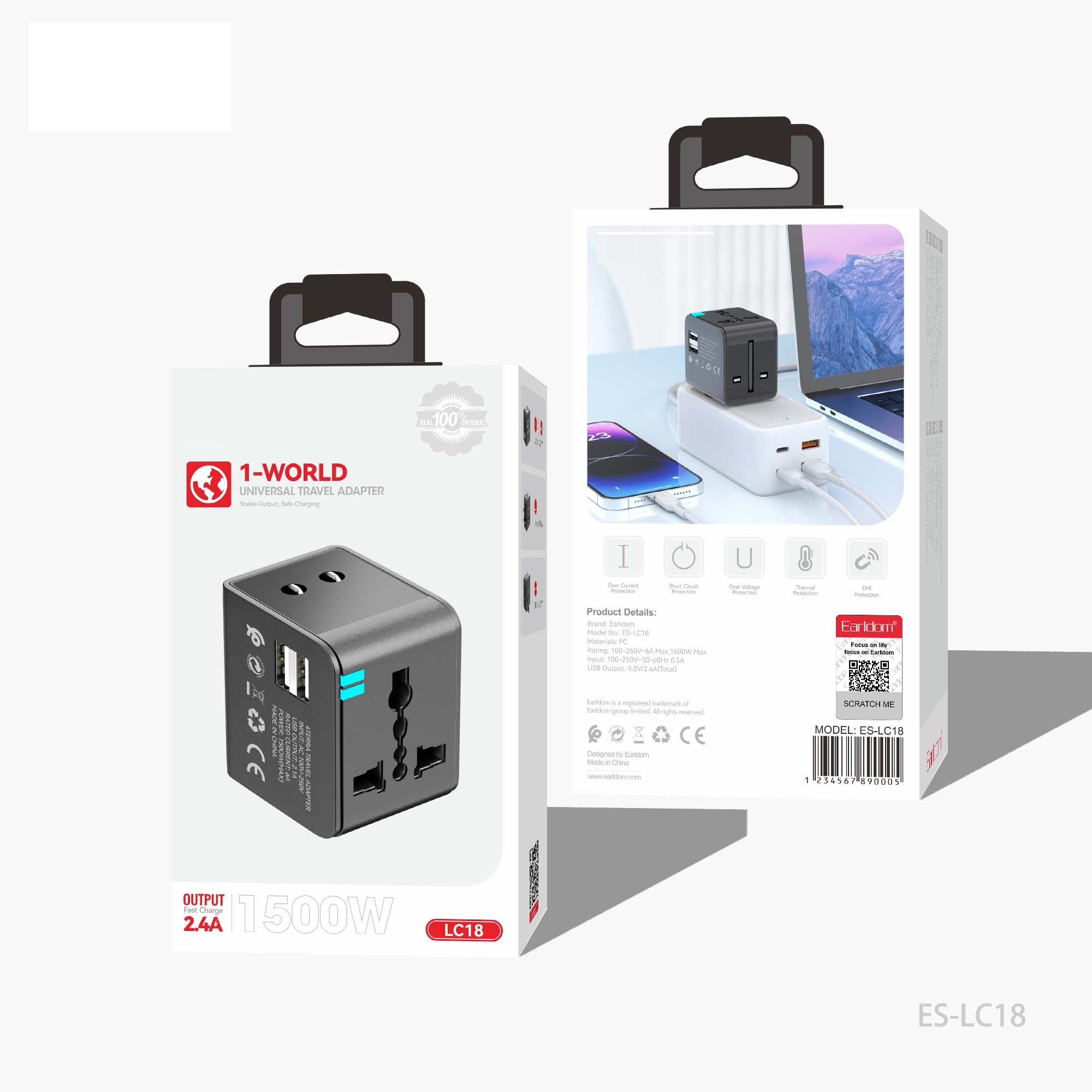 Universal Travel Adapter - Worldwide Mobile Charger with USB & Type-C Ports | High-Speed 1500W Output | Compact & Versatile International Power Solution