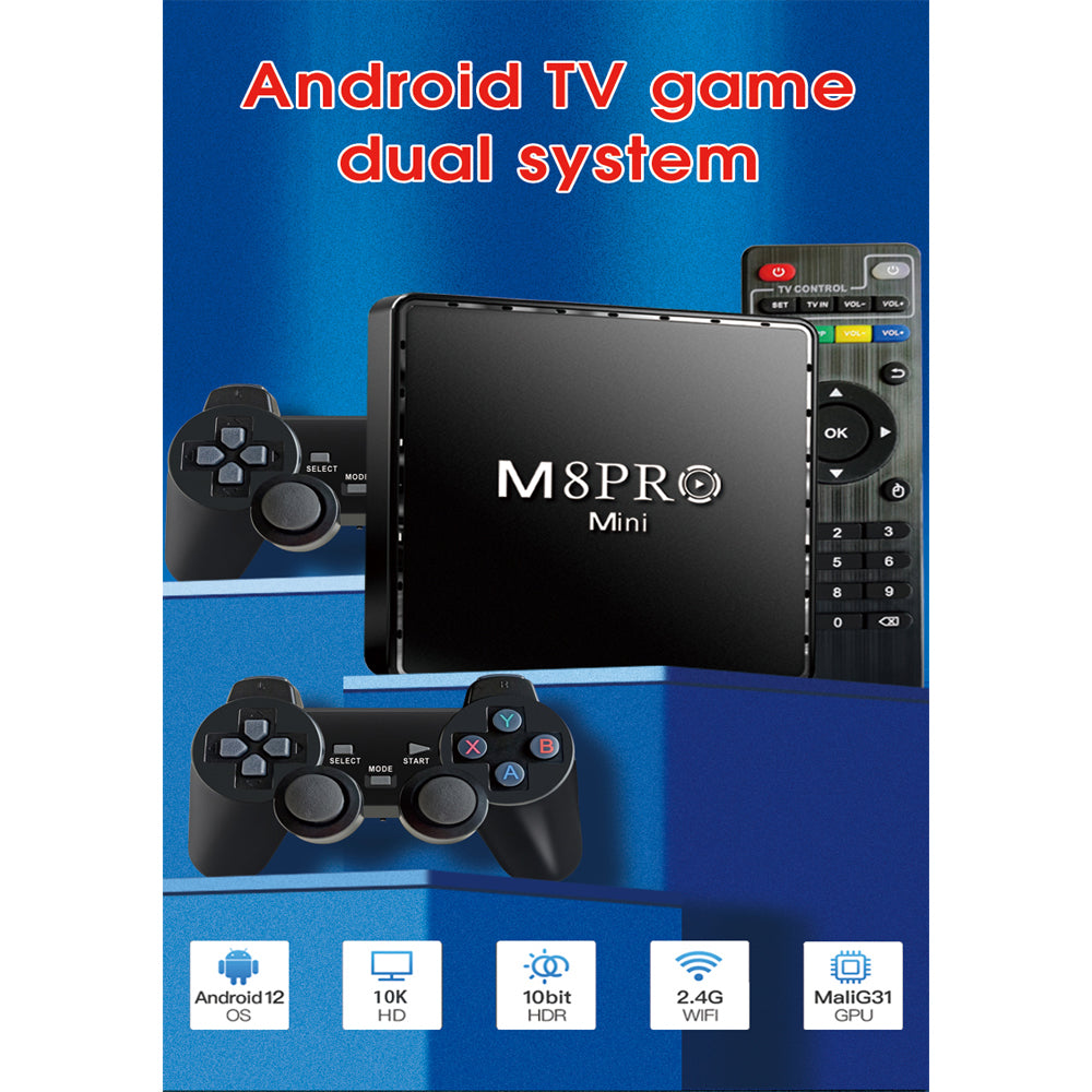 M8 Pro Mini Game TV Box – 64GB HD Retro Console & Android 12 Dual System with Wireless Gamepad Nawazia