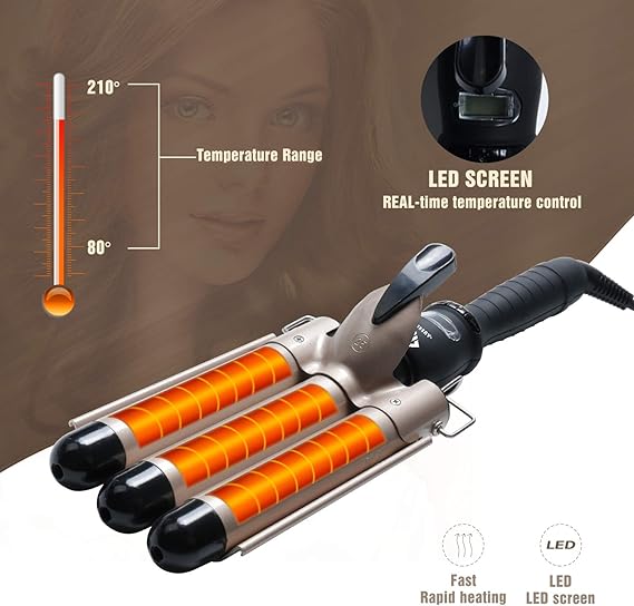 3-Barrel Ceramic Curling Wand – LCD Display, 14 Temp Settings for Perfect Waves & Curls Nawazia