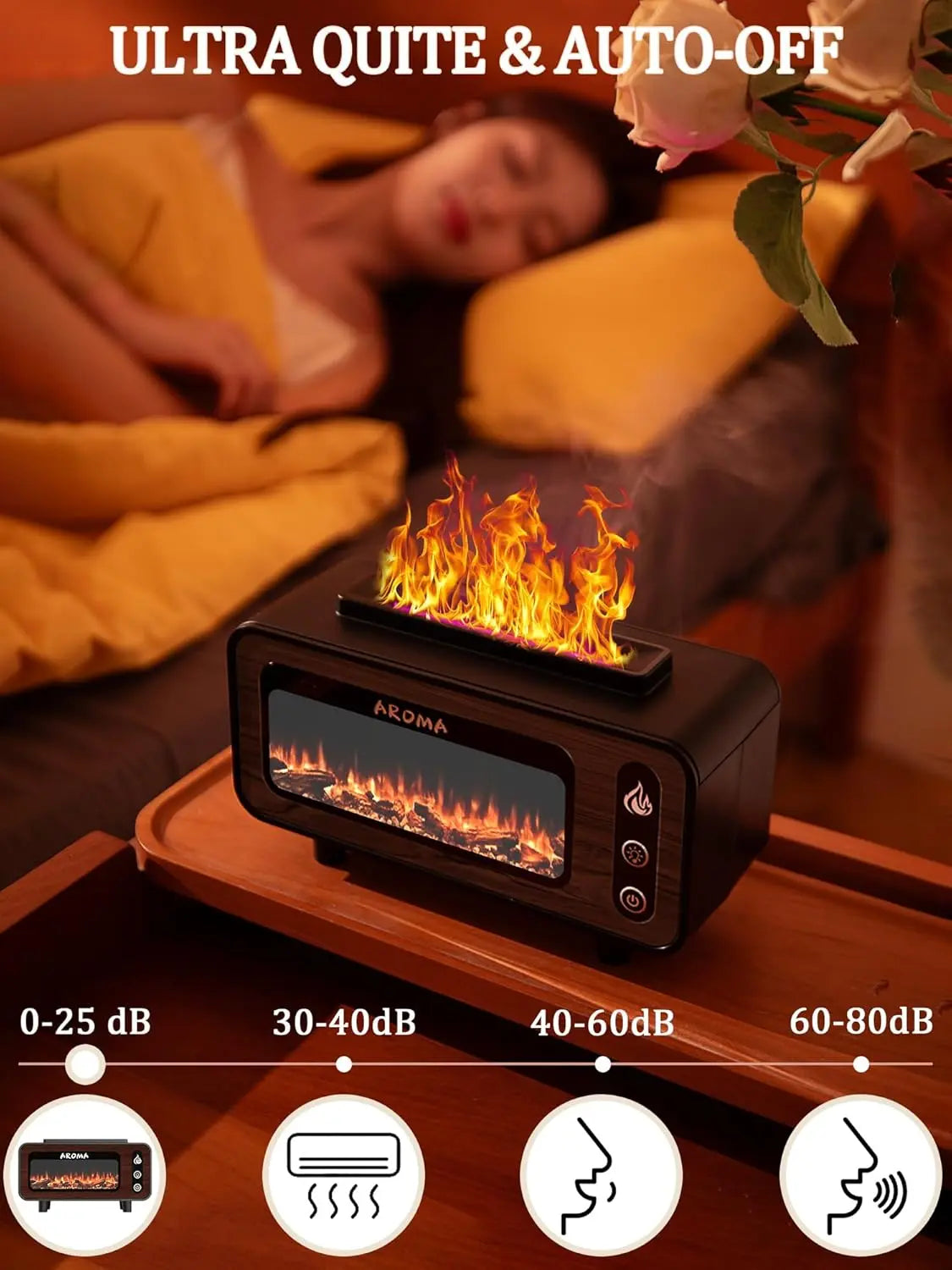 Wood Grain Fireplace Diffuser | Simulated Flame Aroma Diffuser with 7-Color LED | Silent Humidifier with Auto Shut-Off for Bedroom & Living Room Nawazia