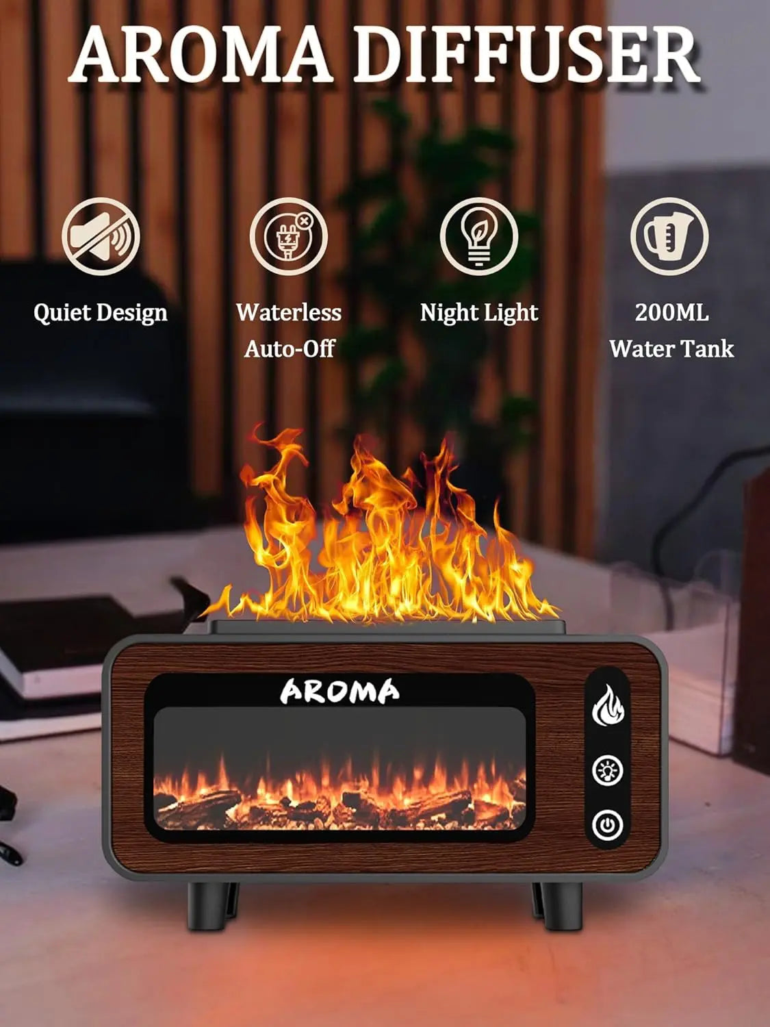 Wood Grain Fireplace Diffuser | Simulated Flame Aroma Diffuser with 7-Color LED | Silent Humidifier with Auto Shut-Off for Bedroom & Living Room Nawazia