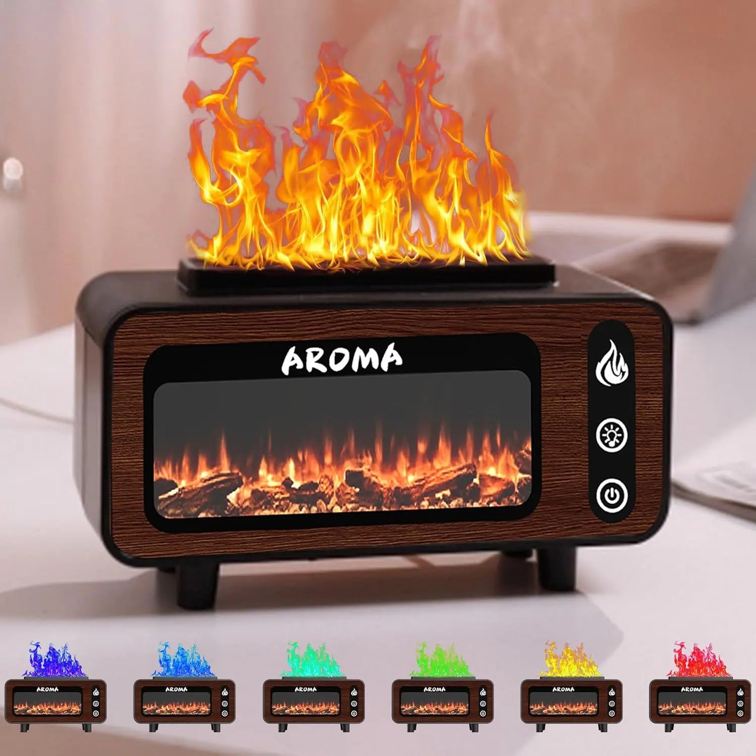 Wood Grain Fireplace Diffuser | Simulated Flame Aroma Diffuser with 7-Color LED | Silent Humidifier with Auto Shut-Off for Bedroom & Living Room Nawazia
