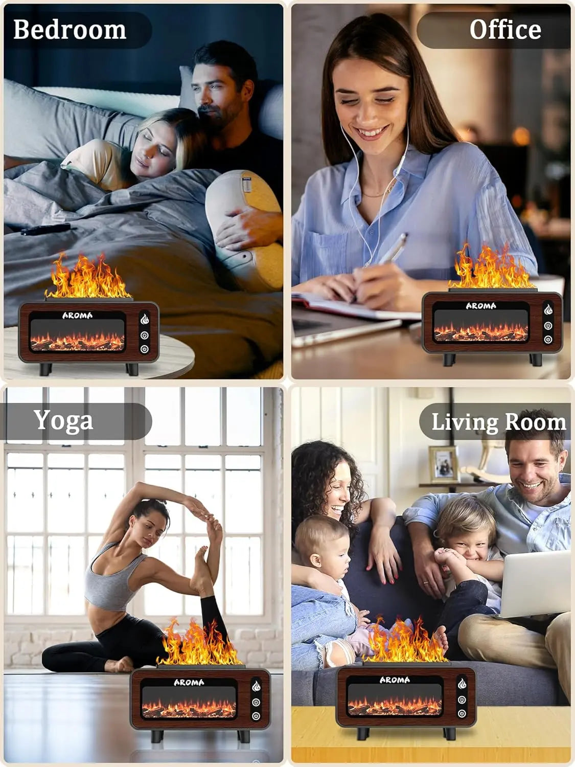 Wood Grain Fireplace Diffuser | Simulated Flame Aroma Diffuser with 7-Color LED | Silent Humidifier with Auto Shut-Off for Bedroom & Living Room Nawazia