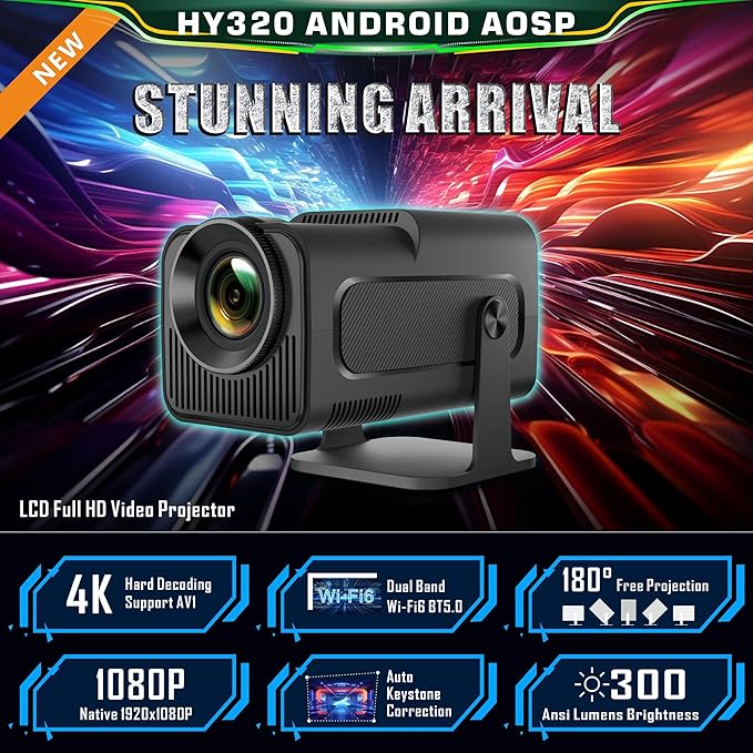 Android 11 HY320 Projector | 390 ANSI Lumens | 4K Native 1080p Dual WiFi6 & BT5.0 | Portable Outdoor Cinema | HY300 Upgrade Nawazia
